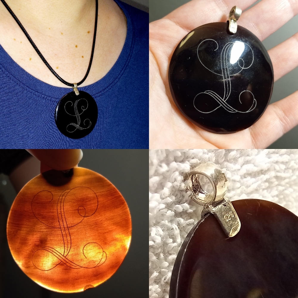 Vintage 80s Brown Lucite Tortoise Shell Necklace 925 Sterling Silver, L monogram